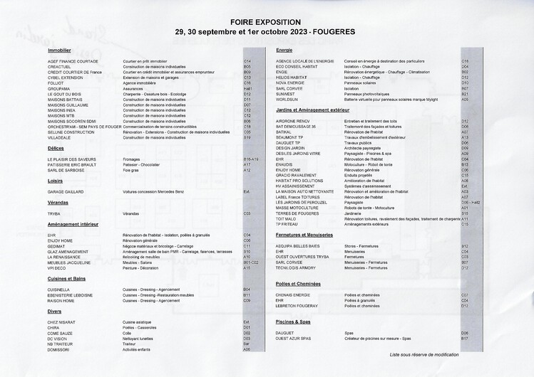 Liste des exposants - Foire expo Fougères 2023